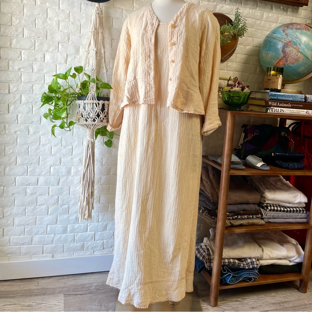 Vintage FLAX Engelhart 100% Linen Maxi Dress Jacket Lagenlook Boho Scandinavian